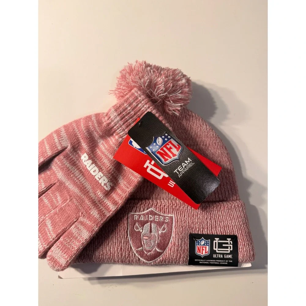 Pink & white raiders NFL hat and glove set with Pom Pom that is removable